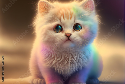 cute fluffy rainbow baby cat kitten, smiling, kids pastel color background, dreamy sweet with big eyes, illustration digital generative ai design art style