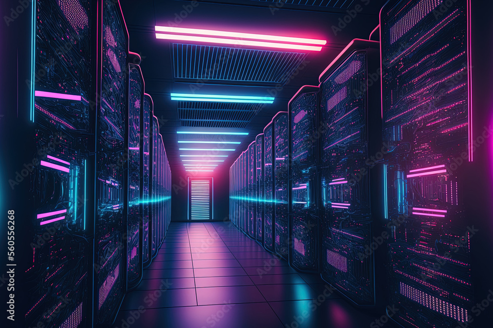 Fototapeta premium Picture of a data center with many rows of active server racks. Concept of Supercomputer Technology, Artificial Intelligence, and Modern Telecommunications Darkly lit with neon blue and pink lights