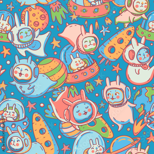 Cute astronaut bunnies vector seamless pattern, doodle funny space