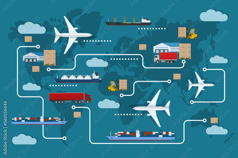 Global logistics network. Air cargo, rail transportation, maritime shipping, warehouse, container ship, city skyline on the world map.