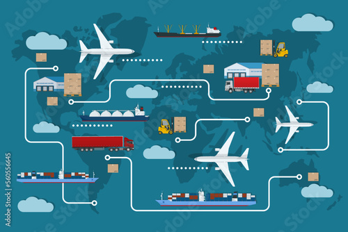 Global logistics network. Air cargo, rail transportation, maritime shipping, warehouse, container ship, city skyline on the world map.