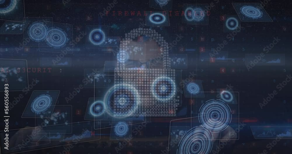 Animation of scope scanning with icons and data processing over caucasian hacker in server room Animation of scope scanning with icons and data processing over caucasian hacker in server room