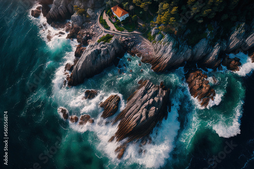 Fantastic Rocky coast and sea waves can be seen from above in Montenegro. Generative AI