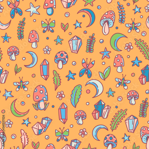 Cute amanita mushroom, magic crystal, butterflies seamless pattern