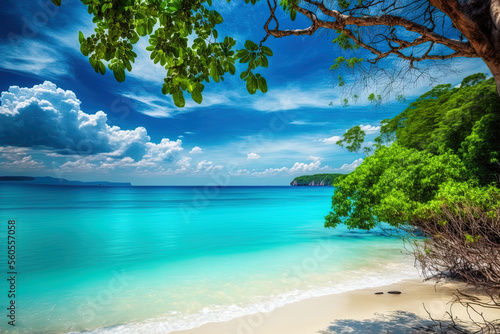 Tropical nature seaside. beautiful beach and azure ocean. Background of a blue sky. From Thailand south Thailand's Phuket. Beachfront area. Generative AI © 2rogan