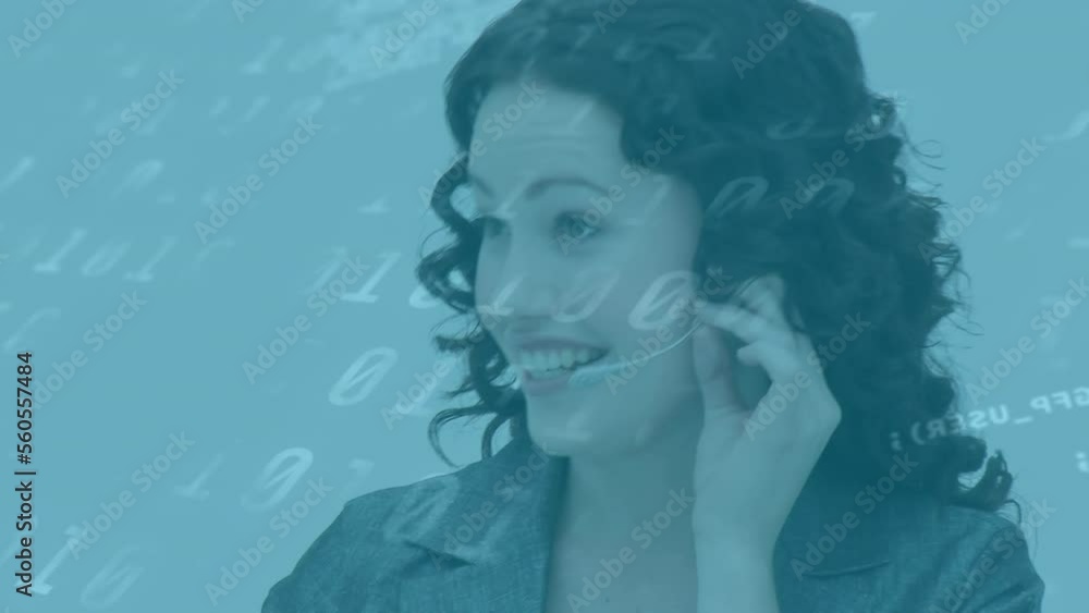 Animation of data processing over caucasian woman using phone headset working in call center Animation of data processing over caucasian woman using phone headset working in call center