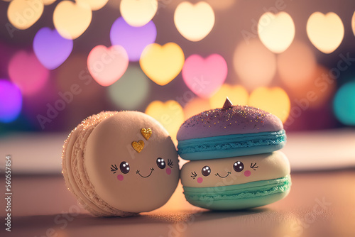 Cute image of the macaroon makaroon characters full of love and happiness. Abstract picture of romantic dinner. Food Character concept Generative AI. photo