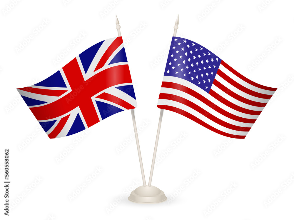 Table stand with flags of England and USA. Symbolizing the cooperation between the two countries.
