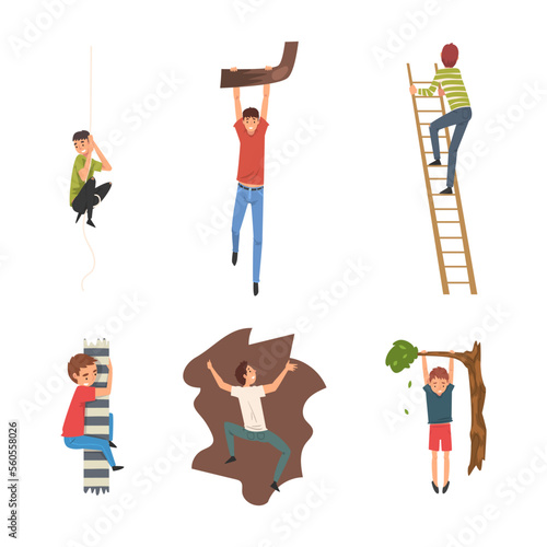 Falling down people set. Male characters falling down from ladder and dropping from altitude cartoon vector illustration