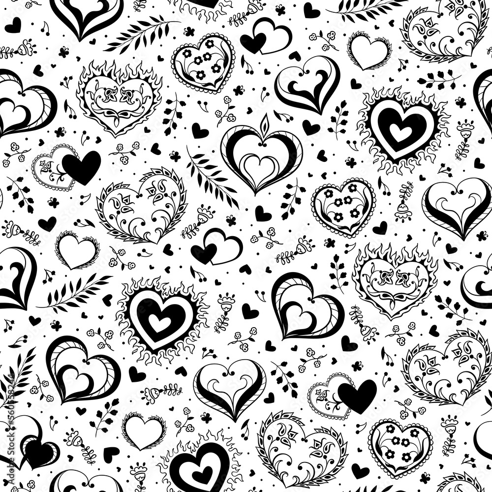 Fototapeta premium Romantic seamless pattern with cute hand drawn hearts with flowers and leaves. The style of folk drawing.