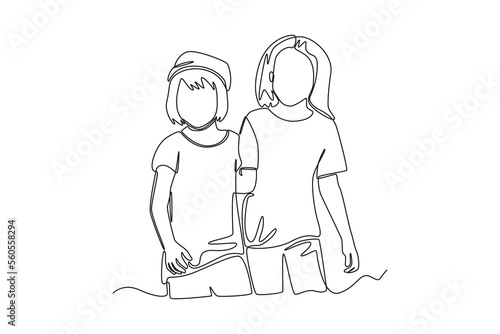 Continuous one line drawing Cute little kids are standing and playing in the park together. Hangouts With Friends concept. Single line draw design vector graphic illustration.