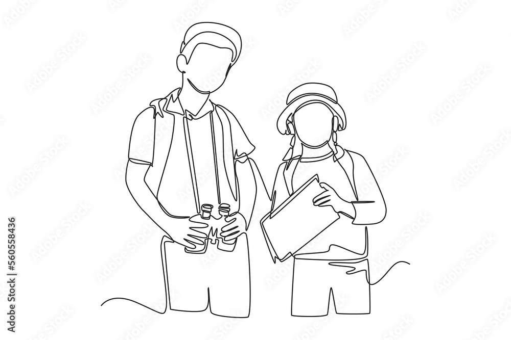 Continuous one line drawing boy and girl hiking in the woods. Hangouts With Friends concept. Single line draw design vector graphic illustration.
