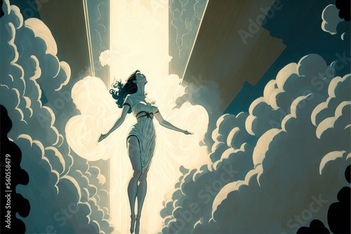 Print op canvas 4K resolution or higher, the goddess descends from the clouds in beams of light