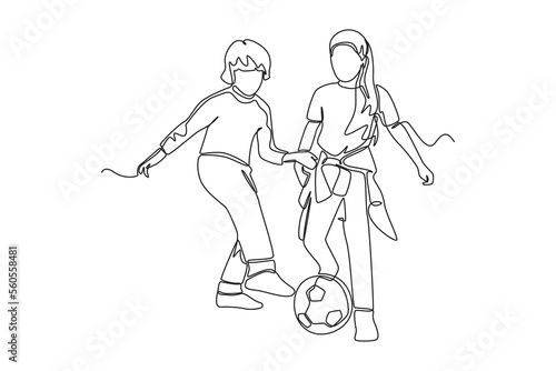 Continuous one line drawing Young boy and girl playing football in the field. Sports With Friends
 concept. Single line draw design vector graphic illustration.