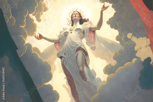 Print op canvas 4K resolution or higher, the goddess descends from the clouds in beams of light