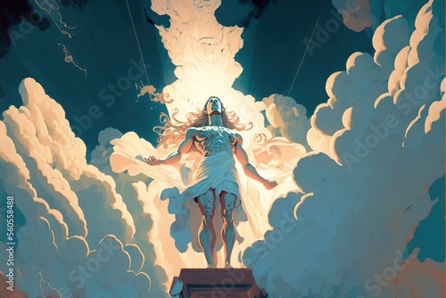 Fotobehang 4K resolution or higher, the goddess descends from the clouds in beams of light