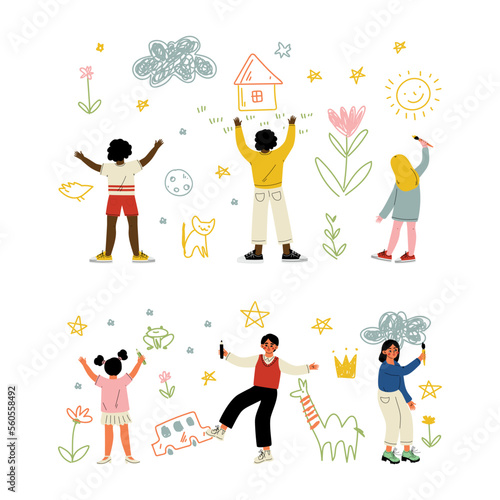 View from behind of kids painting drawings on wall set cartoon vector illustration