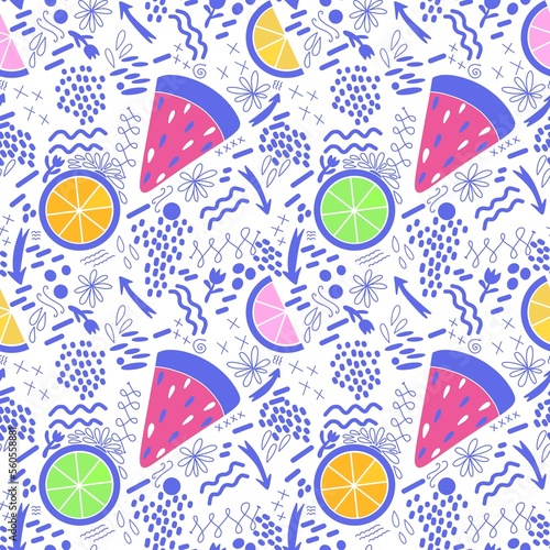 Abstract markers and fruit seamless watermelon and lemon pattern for wrapping paper and kids clothes print