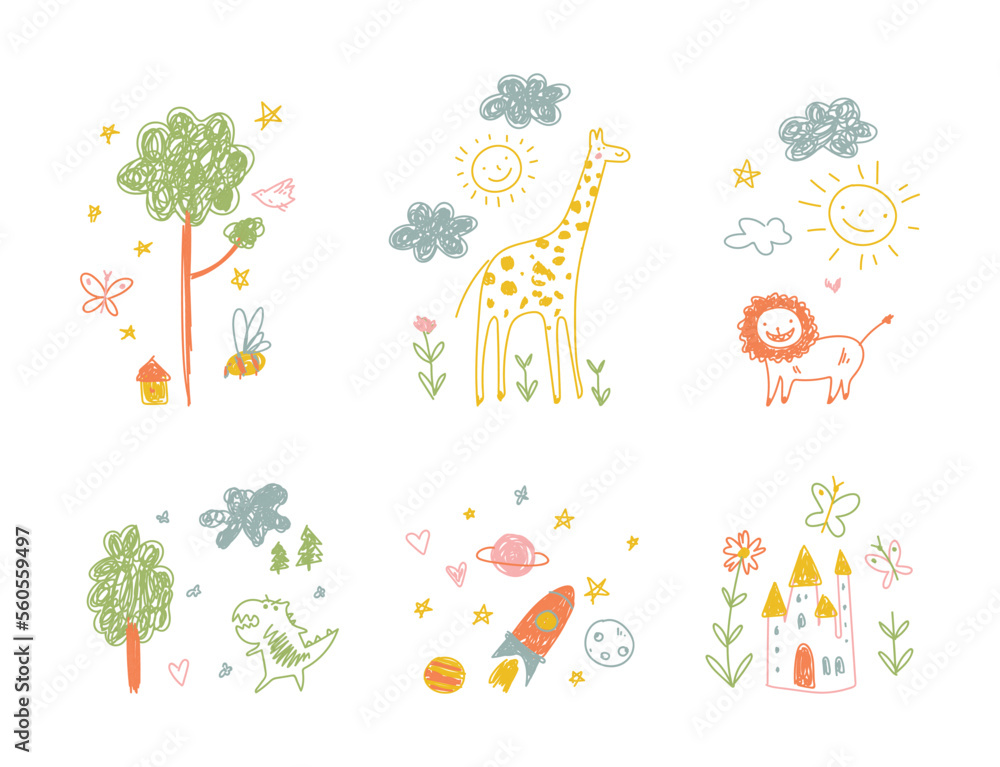 Kids drawings set. Bright colorful children drawing style vector illustration Kids drawings set. Bright colorful children drawing style vector illustration