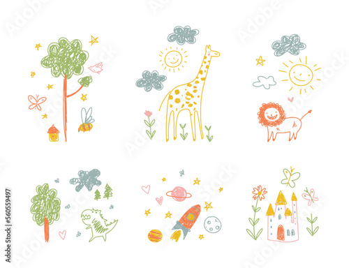 Kids drawings set. Bright colorful children drawing style vector illustration