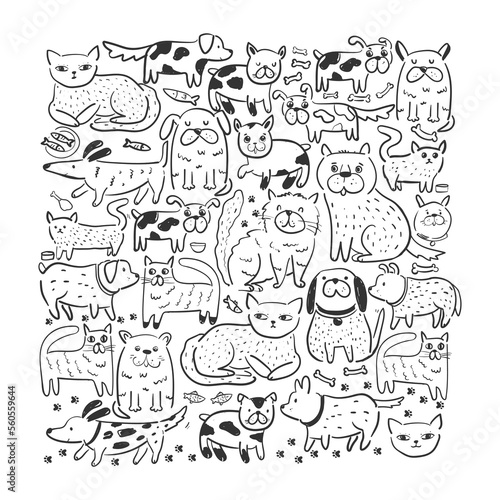 Square art print with doodle cats and dogs