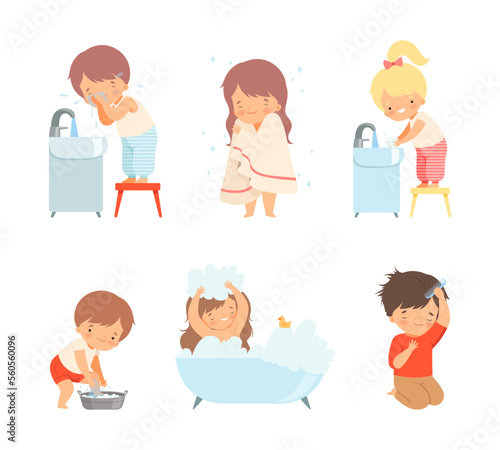 Child morning bathroom routine. Cute kids taking bath, combing hair, washing hands and feet cartoon vector illustration