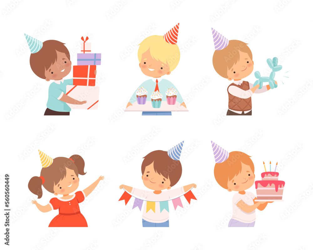 Cute kids in party hats celebrating Birthday set. Boys and girls holding gift boxes, cake and cupcakes cartoon vector illustration Cute kids in party hats celebrating Birthday set. Boys and girls holding gift boxes, cake and cupcakes cartoon vector illustration