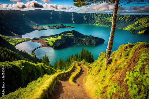 Ponta Delgada, Sao Miguel Island, Azores, Portugal, has a mountainous landscape with a hiking trail and a beautiful lake view. Generative AI