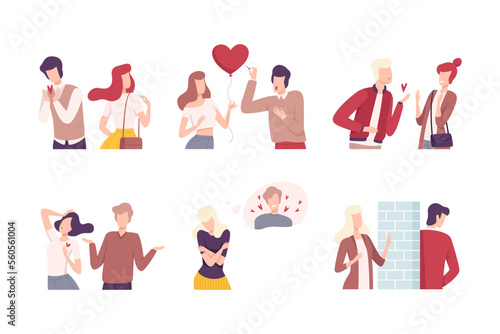 Loving couples relationships set. People trying to save love, unrequited love concept flat vector illustration