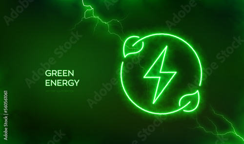 Renewable green energy icon. Clean alternative energy power technology concept. Icon with electrical energy glow effect. Lightning spark or electric discharge effects background. Vector illustration.