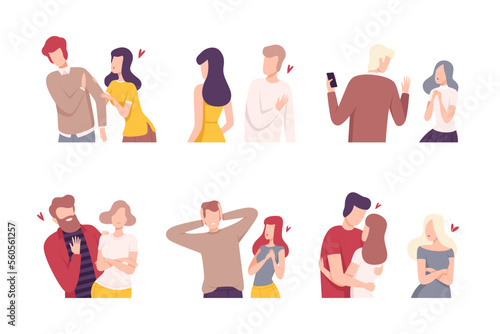 Unrequited love. Loving couples relationships set flat vector illustration