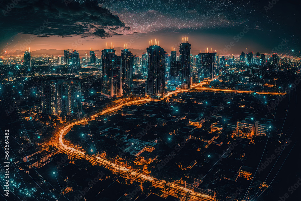 Fototapeta premium Concept of smart network and connection technology against a nighttime Bangkok cityscape in Thailand. Generative AI