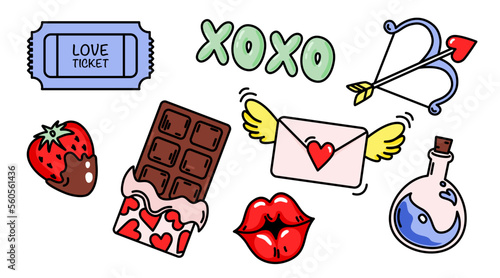 Vector Set of valentines stickers. St valentines day stickers collection. Lips, strawberry, envelope, love potion, chocolate, Cupid's arrow. Stickers for laptop, phone, printable pattern.