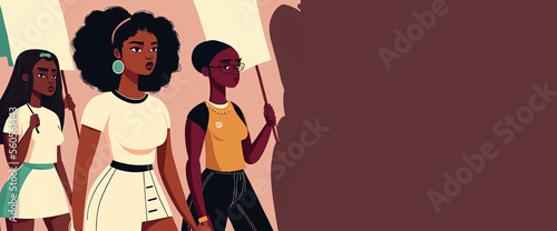 young african american girls protesting with banners walking together, copy space generative ai