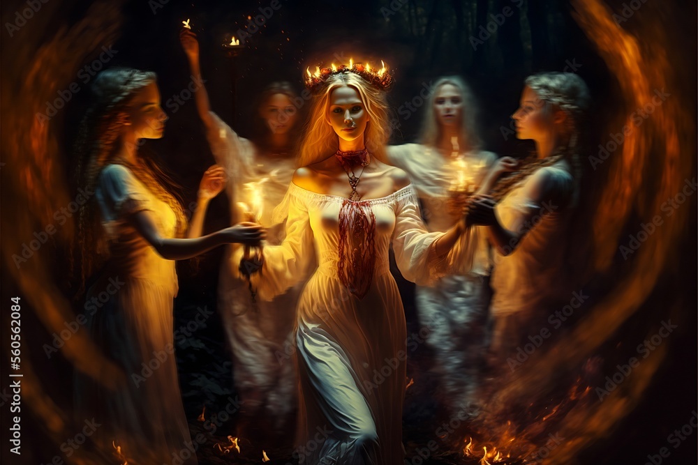 Slavic woman surrounded by girls on a summer night. Slavic rituals during a traditional pagan festival associated with the summer solstice of the sun. Generative AI.