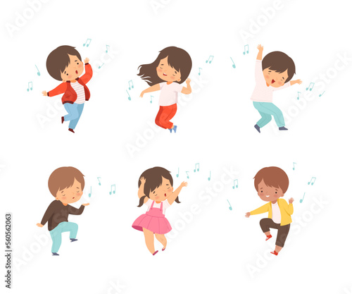 Little children listening to music, singing and dancing set. Cute boys and girls happily jumping cartoon vector illustration