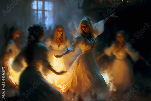 Beautiful Slavic women dance around the campfire during Kupala Night, traditional Slavic holiday that was originally celebrated on the shortest night of the year. Generative AI. © stockcrafter