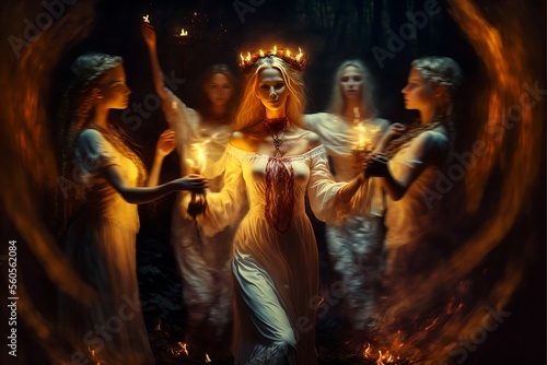 Slavic woman surrounded by girls on a summer night. Slavic rituals during a traditional pagan festival associated with the summer solstice of the sun. Generative AI. photo