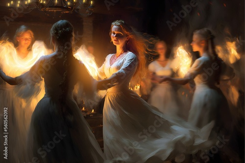 Beautiful Slavic women dance around the campfire during Kupala Night, traditional Slavic holiday that was originally celebrated on the shortest night of the year. Generative AI.