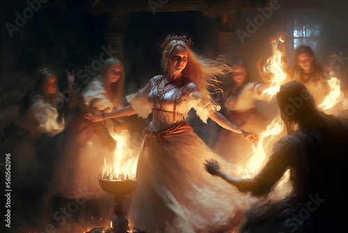  A beautiful slim and tall Slavic beauty dances around a campfire surrounded by the Slavic community on a warm summer night. The festival of Ivan Kupala, a traditional Slavic holiday. Generative AI photo