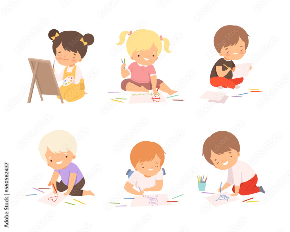 Cute boys and girls sitting painting drawings set. Kids creativity education and development cartoon vector illustration Cute boys and girls sitting painting drawings set. Kids creativity education and development cartoon vector illustration