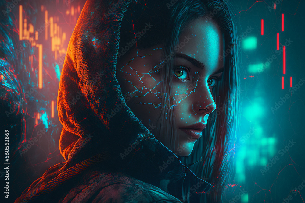 A hooded futuristic girl with green eyes. This is not a real person. Generative AI illustration A hooded futuristic girl with green eyes. This is not a real person. Generative AI illustration