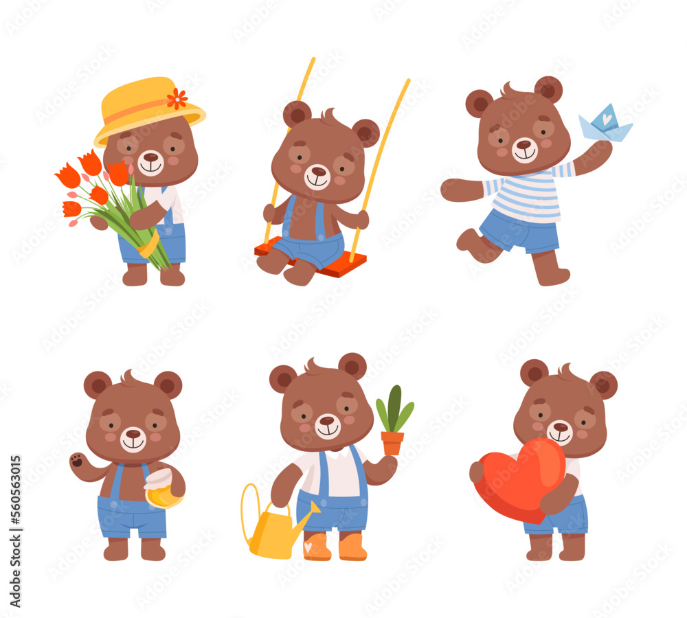 Cute baby character in differents activities set. Funny bear eating honey, swinging on swing, working in garden cartoon vector illustration