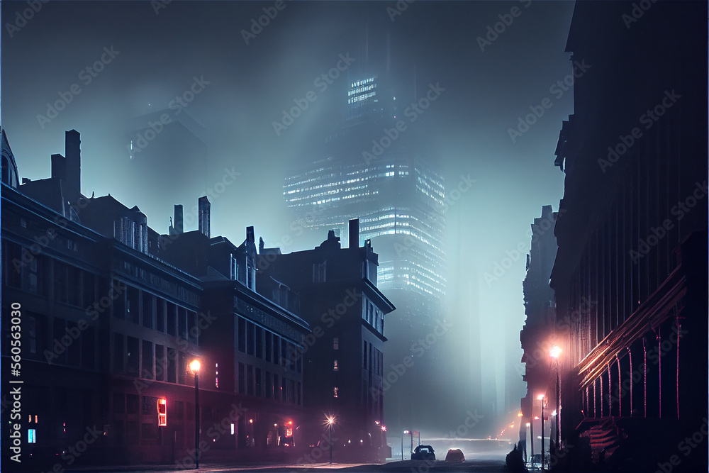 Big city at night with a lot of fog, generative ia - obrazy, fototapety, plakaty 