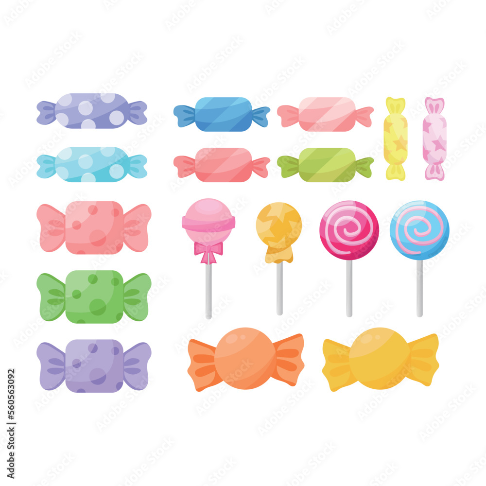 Candy and lollipops party candy vector illustration on white background. Difference candy and