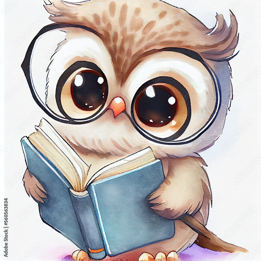 Ilustrace „Back to school owl. Cute kawaii owl reading book. Kindergarten  imagination, creativity.“ ze služby Stock | Adobe Stock