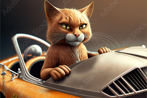 cat in car, funny animal driving sports car, cute kitty,generative ai photo