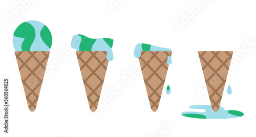 Melting Ice Cream Cone. Climate Change concept. Sequence images. Earth Day. Earth Month. Isolated on White. Flat Vector EPS.