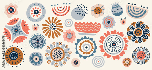 Hand drawn abstract flower circles flat icons set. Drawing floral design ornaments. Botanical creative painting