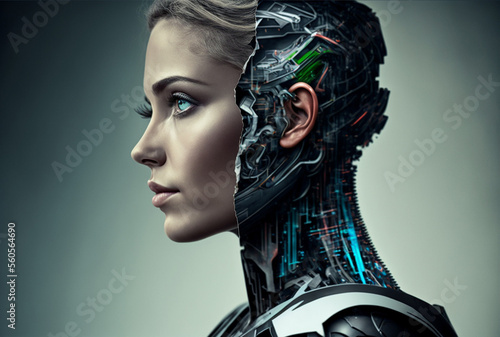 a woman half-robot or a humanoid android with artificial intelligence parts or a technological upgrade as human evolution, mechanical body parts. Generative AI